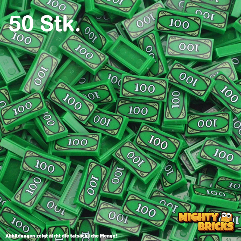Klemmbaustein Fliese 1x2 grün bedruckt mit 100 / Geld / Geldschein 3069bpx7